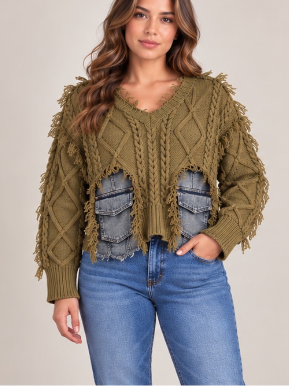 NWT olive green distress chunky knit sweaters with denim accents & fringe